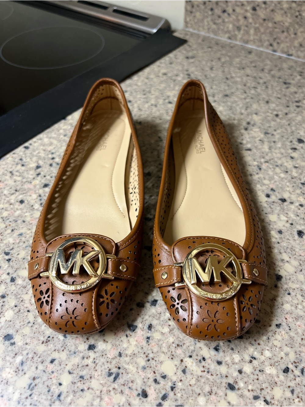 Michael Kors Tan Leather Perforated MK Logo Ballet Flats